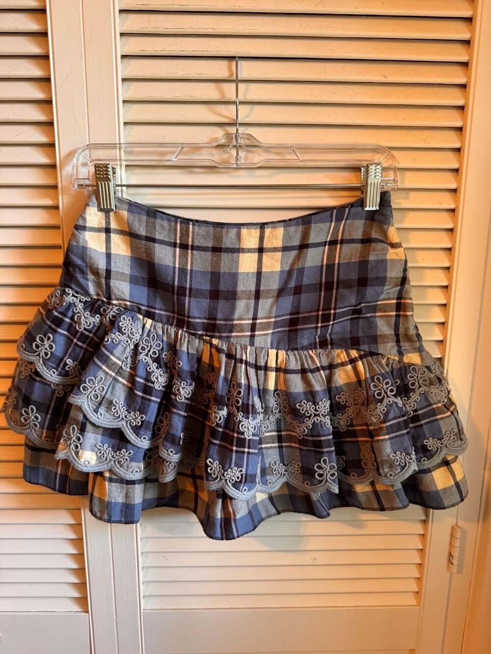 LoveShackFancy Blue Plaid Como Tiered Ruffle Mini Skirt